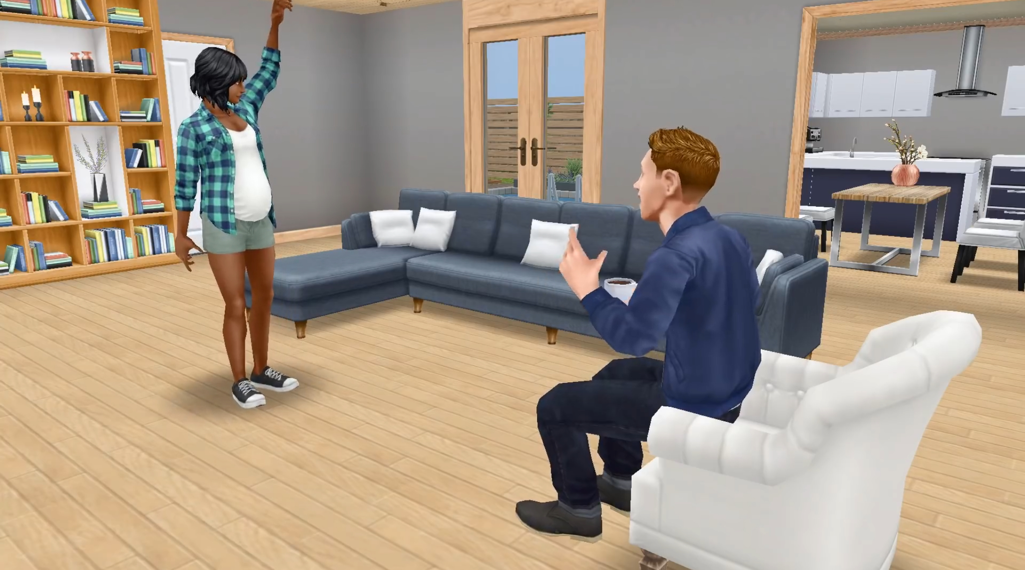 the sims freeplay пусть 3 персонажа положат глаз на диван