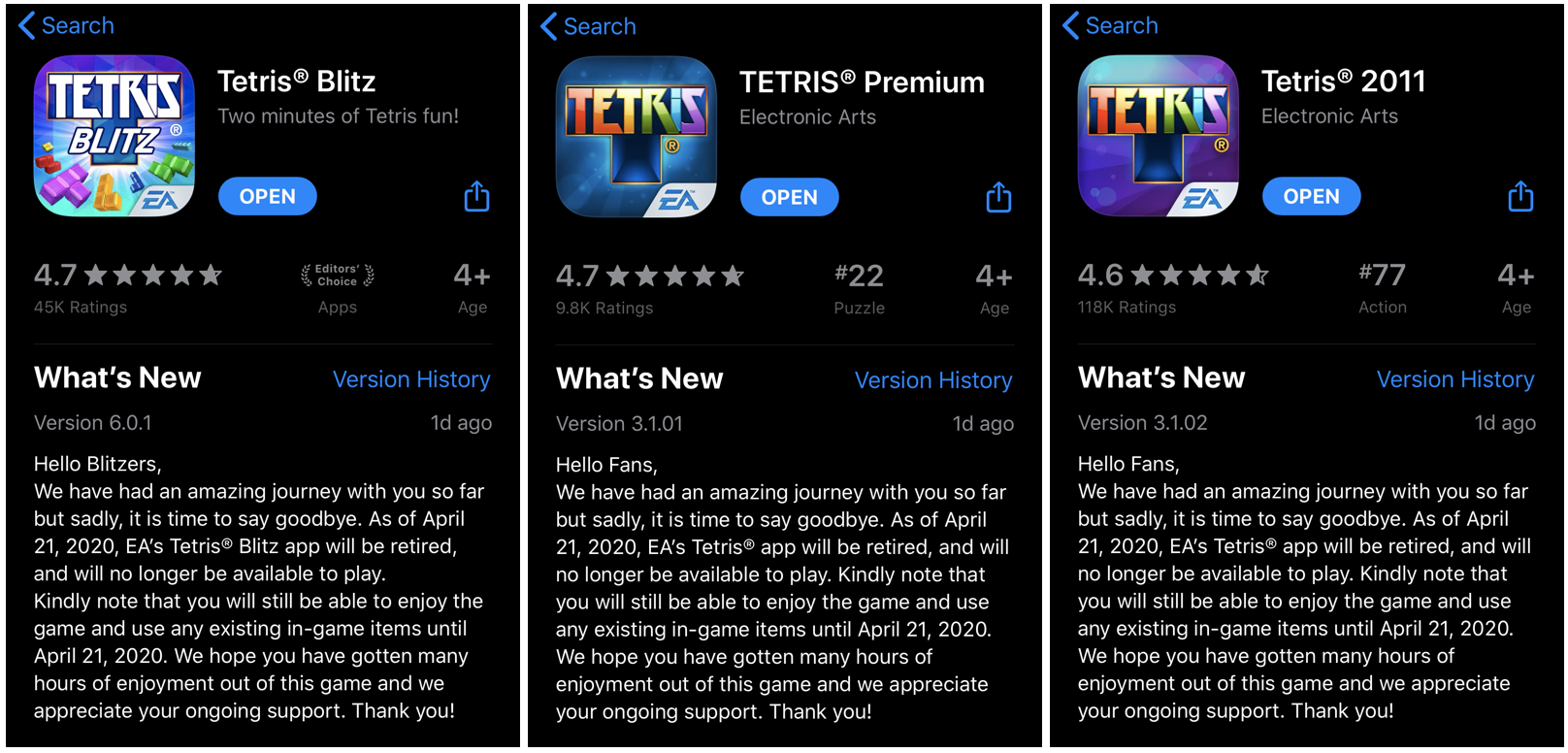 photo of All Electronic Arts Published ‘Tetris’ Games for Mobile Going Offline in April image
